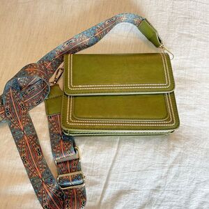 Faux Green Leather  Crossbody Bag With Blue and green Canvas Strap